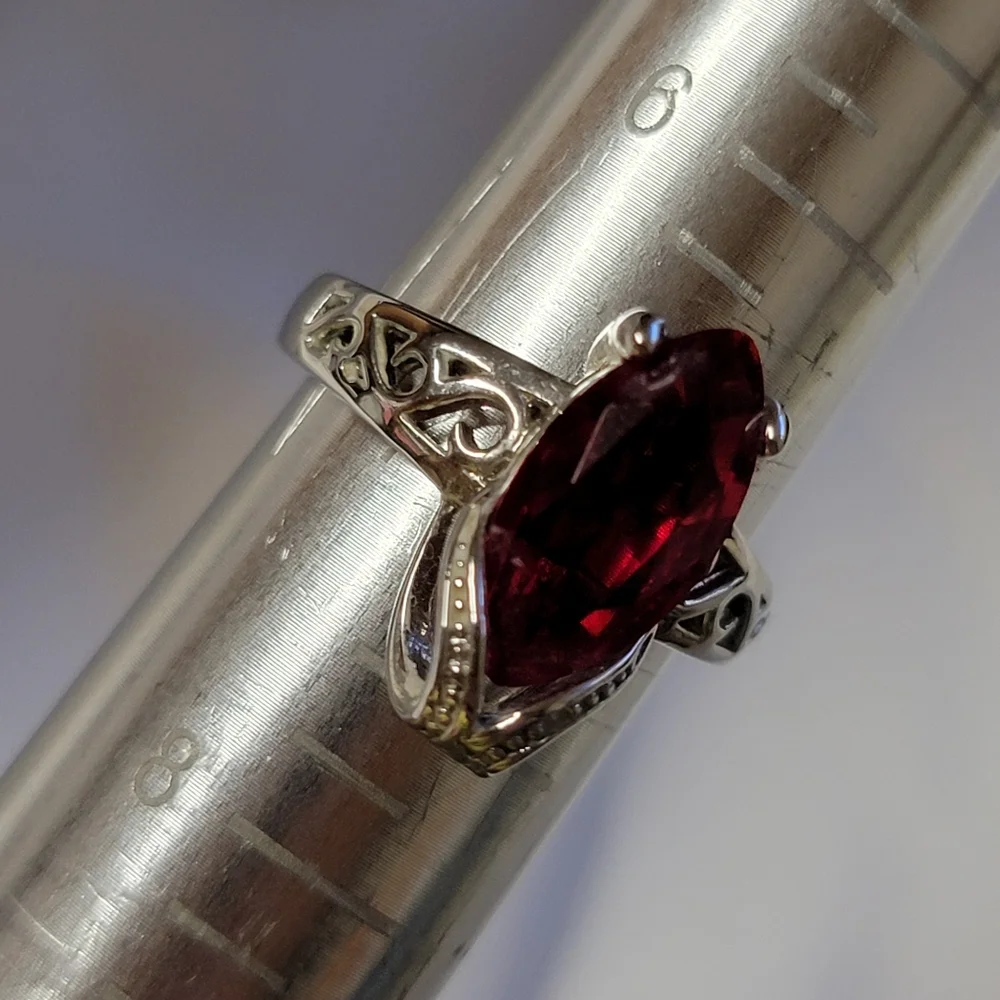Faux Ruby Marquise Cocktail Ring Silver Tone